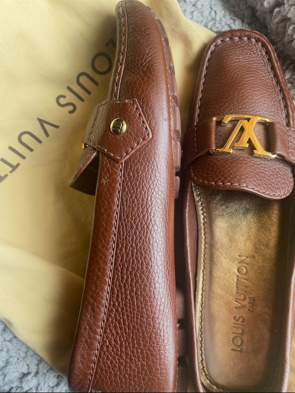 Louis Vuitton Brown Leather Moccasin Loafers with Gold LV Buckle - Picture 6 of 8